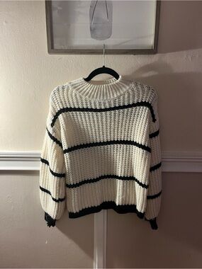 White and Black Striped Chunky Crew Neck Sweater